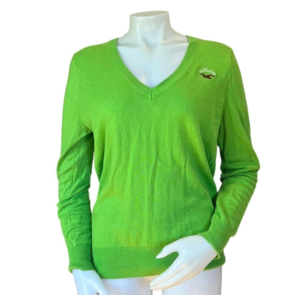 Hollister Womens Lime Green V-Neck Logo Sweater Large Cotton Blend‎ Y2K Spring